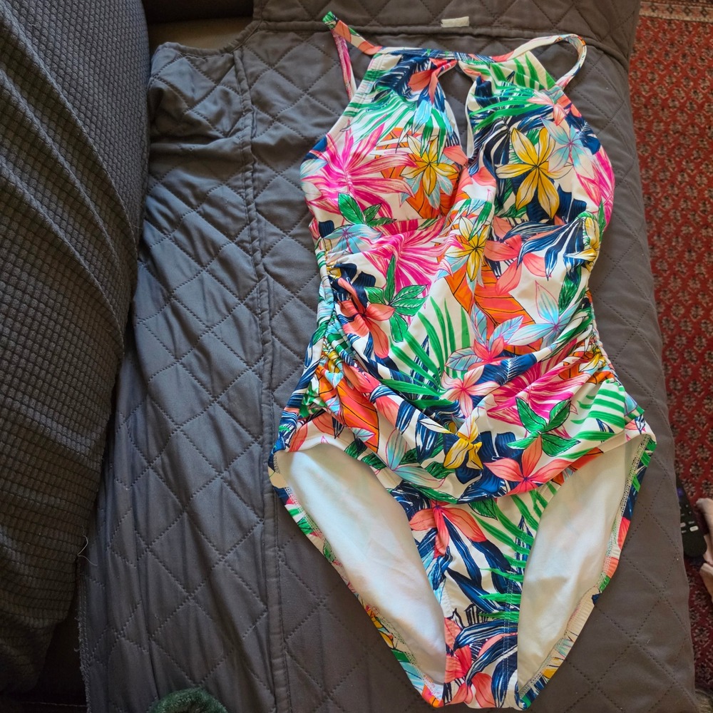Ellen Tracy Women Tropical Floral High Neck One Piece Swimsuit Size 10 Multi